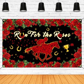 Mocsicka Run for The Roses Banner Kentucky Derby Banner Kentucky Horse Racing Party Decorations for Birthday Photography Background Photo Booth Props (Red, 70.8x43.3 inch)
