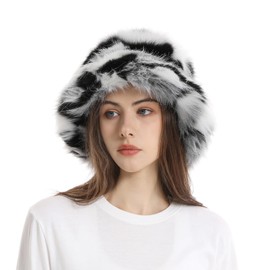 Winter Fluffy Faux Fur Bucket Hat for Women Fuzzy Warm Fisherman Cap Outdoor Thick Winter Rainbow Plush Hat (Black White)