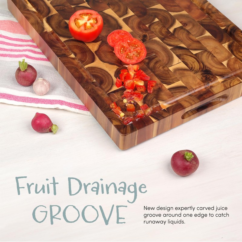 Acacia End Grain Cutting Board (17x13x1.5in), Butcher Block - Reversible