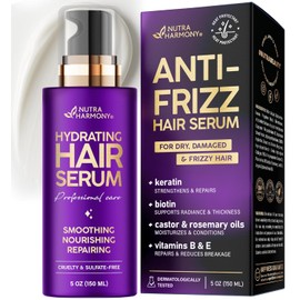 NUTRAHARMONY Suero hidratante para el cabello, tratamiento capilar con queratina para cabello seco, encrespado y dañado, aceites de biotina, ricino y romero, antiencrespamiento, protector térmico y