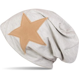 styleBREAKER Beanie Mütze mit aufgenähtem Kunstleder Stern, Slouch Longbeanie, Unisex 04024071, Farbe:Hellgrau meliert (One Size)