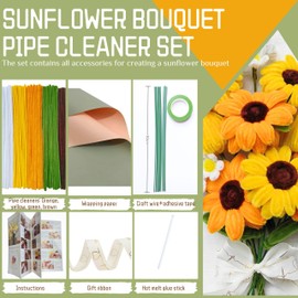 YYUENG TAK 210 pcs Pipe Cleaner Flowers Craft kit for DIY Sunflower Bouquet with tutoria (5 Colors),Chenille Stems Flowers Craft kit with 12 pcs Green Floral Wires,Gardening Tape,Floral Paper