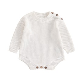 Achlibe Baby Girls Knitted Romper, Long Sleeve Crew Neck Solid Bodysuit Winter Sweater Infant Clothes (White, 9-12 Months)