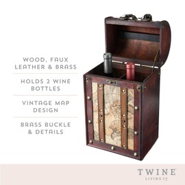 Twine Old World 2 Bottle Wooden Decorative Box with Lid and Handle, Wine Accessory Sets, Wood, Faux Leather, Antique Map Design, Multicolor