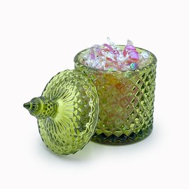 10 oz Olive Green Glass Candy Dish with Lid-Decorative Display Jar for Q-Tip Holder,Cotton Swab Storage,Bathroom Vanity Organizer,Home Office Decor