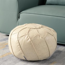 Louis Donné Unstuffed Pouf Cover, Round Foot Stool Ottoman for Foot Rest, Storage Bean Bag Floor Chair, Waterproof Faux Leather Pouffe, Footstool for Living Room, Kids Room or Bedroom (Off-White)