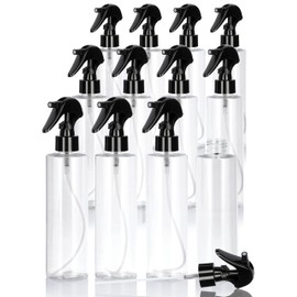 JUVITUS Clear Cylinder PET Plastic Refillable Bottle with Black Fine Mist Trigger Sprayer - 12 PACK l Choose Any Size Bottle (8 oz / 240 ml)