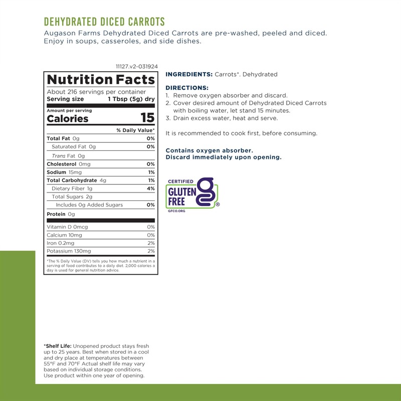 Augason Farms Dehydrated Diced Carrots Emergency Food Supply, 216 Servings,