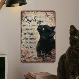 Angels Don't Always Have Wings Sometimes They Have Whiskers Aluminum Sign Vintage Floral Black Cat Cat Lovers Gift Vintage Metal Sign Plaque Man Cave Bar Pub Club Home Wall Decoration 8x12 Inch