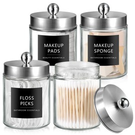 SheeChung Qtip Dispenser Holder 4pcs, Glass Apothecary Jars with Stainless Steel Lids &Stickers, Countertop Canister Guest Bathroom Storage Organizer Set for Cotton Swabs, Floss Picks(Brushed Nickel)