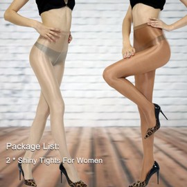 HTRUIYA Shiny Pantyhose For Women Sheer Pantyhose Footed High Waist Shimmer Stocking For Dance Tights 70D 2 Pair(Nude+Brown)