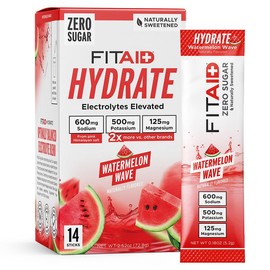 FITAID Hydrate Clean Electrolyte Mix, Zero Sugar, Balanced Electrolyte Ratios: 600mg Sodium, 500mg Potassium, 125mg Magnesium, Watermelon Wave, For Exercise & Active Hydration, 14 Sticks