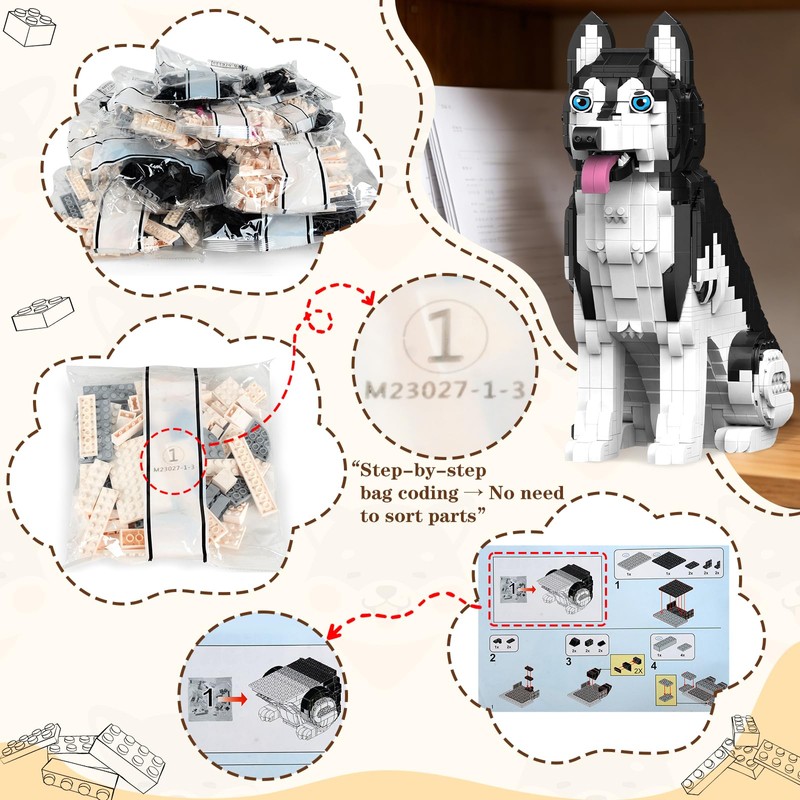 Nicefurn Husky Building Blocks Set, 1439Piece Realistic Dog Model Kit