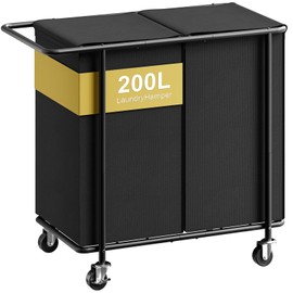 Chrislley Double Laundry Hamper with Wheels,200L Rolling Laundry Basket 2 Section with Lid,Steel Frame Laundry Cart with Handle and Removable Bags,Dirty Clothes Hamper for Laundry Room,Dorm,Black