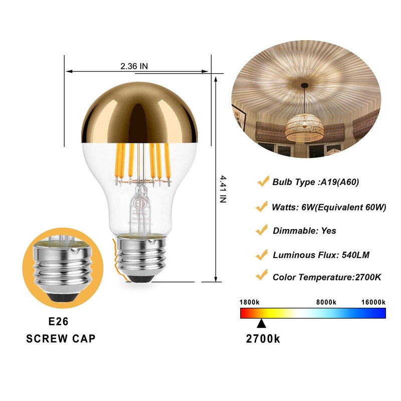 KarlunKoy Half Chrome Light Bulbs,Half Gold Tipped Dimmable 6W (Equivalent