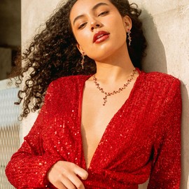 EVER FAITH Strass Schmucksets Kristall Blume Filigran Halskette und Ohrringe Set für Damen Hochzeit Prom Rot Silber-Ton