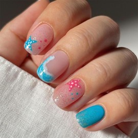 Summer Press on Nails Short Square Fake Nails with Designs Beach False Nails Plam Tree Glossy Full Cover Blue Acrylic Glue on Nails Starfish Sea Stick on Nails for Women Manicure 24 Pcs