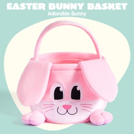 JOYIN Easter Pink Bunny Basket, 10”× 8” Pink Rabbit Backet with Foldable Ears, Empty Soft Basket with Handle, Easter Gifts for Babies, Kids Egg Hunt Game, Candy Bag & Party Favor Storage Container