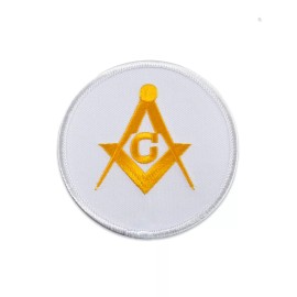 Square & Compass Round Embroidered Masonic Patch - [White & Gold][3'' Diameter]