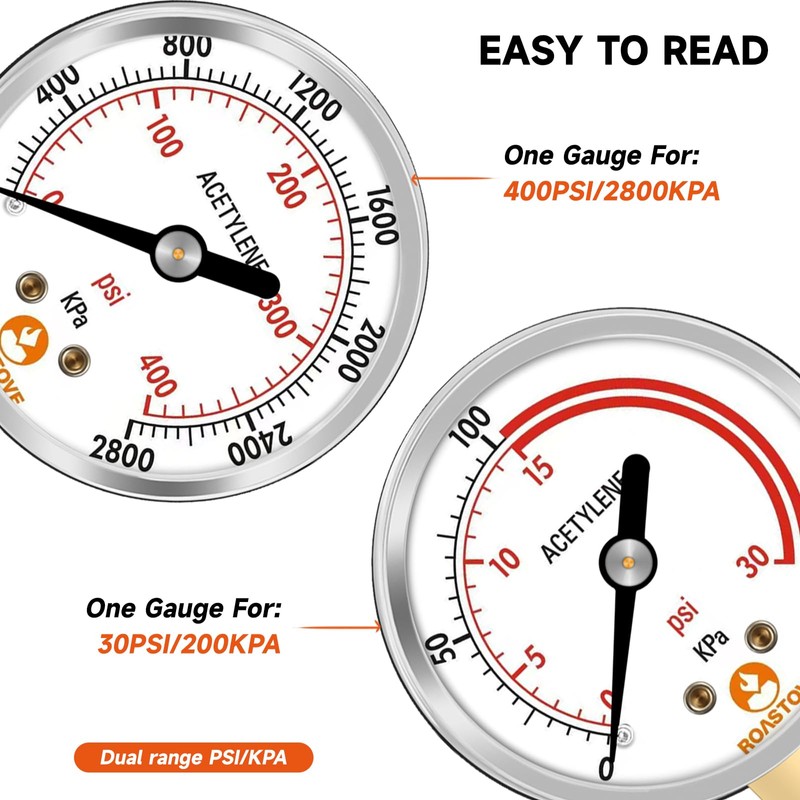 Roastove Low and High Pressure Gauges for Acetylene Regulator 0-30