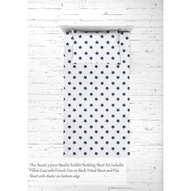 Bacati - Muslin Ikat Stars 3 Piece Boys Toddler Bed Sheet Set 100 Percent Cotton Includes Fitted Sheet, Top Sheet, and Pillow Case (3 pc Toddler Bed Sheet Set, Navy Stars)