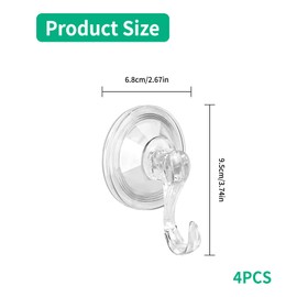 Suction Hooks, 4 Pack Powerful Push Clear Vacuum Suction Cup Hooks, Max 3KG Hold, Reusable Plastic Multi-Purpose Hooks for Bathroom, Kitchen, Shower, Window, Towel, Coats, Xmas Wreath
