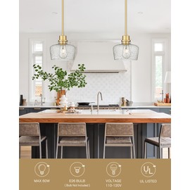 Emak 8 Inch Gold Pendant Light Fixtures, Modern Pendant Lights Kitchen Island with Seeded Glass Shade, 1 Light Hanging Light for Kitchen Island, Dining Room, Bathroom, Bedroom, PL122-GD