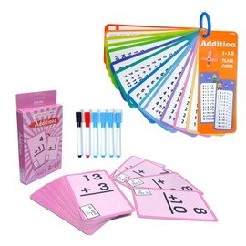Limque 1-12 Math Flash Cards with 6 Dry Erase Pens, 15Pcs Big Addition Flash Cards + 36 Pcs Random Double-Sided Addition Practice Card, Educational Math Flashcards for Kids Ages 3+