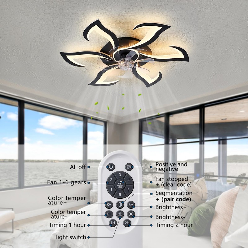 Ruibutrade Black Flower Modern Ceiling Fans with Lights, Low Profile