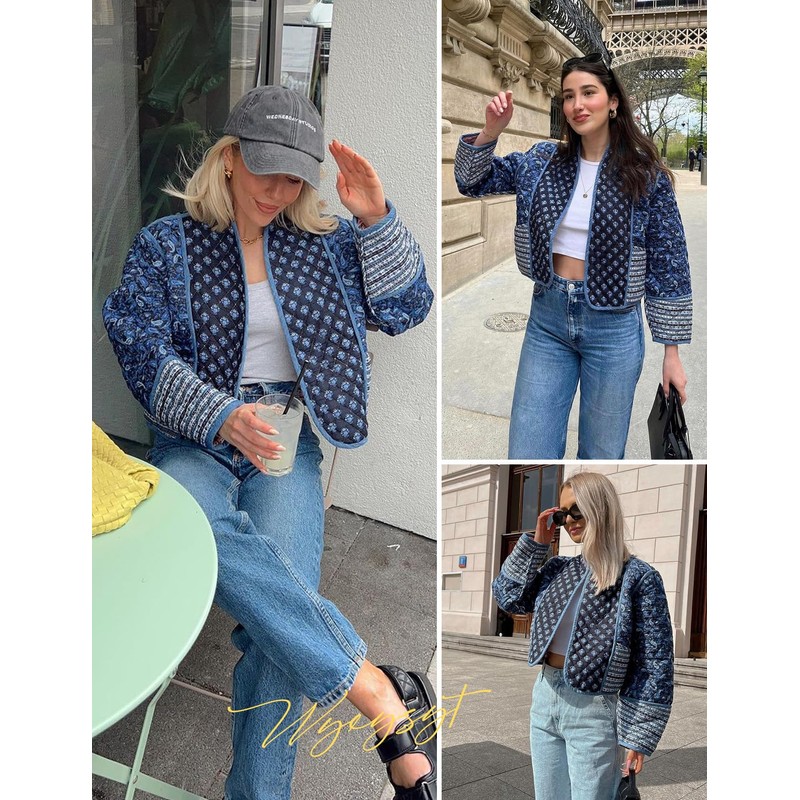 Wyeysyt Women Cropped Puffer Quilted Jackets Cardigan Floral Printed Lightweight