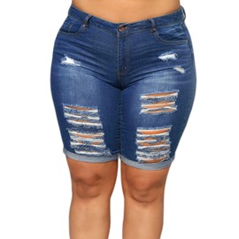 Laeyzuo Women's Plus Size Denim Shorts High Waisted Ripped Folded Hem Summer Jean Shorts (14, Dark Blue)