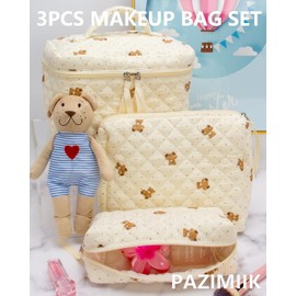 PAZIMIIK 3PCS Makeup Bag SET Large Travel Quilted Zipper Soft Cosmetic Case Pouch for Women Girls Make Up,Gauze Bear
