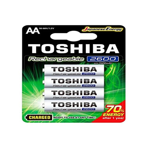 Toshiba Pilas AA Recargables de 2600mAh Níquel Metal, Alta Capacidad de Carga Paquete con 4 Pilas. Ideal para Xbox, Wii, Flash Fotográfico, Camara Fotográfica, Linternas, termometros.