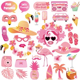 SUNBEAUTY 36 PCS Flamingo Photo Booth Props Hawaiian Themed Summer Party Decorations Luau Party Decorations for Hawaiian Luau Tropical Aloha Beach Pool Birthday Baby Shower Party Supplies