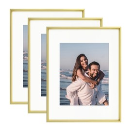FOLKOR 8x10 Picture Frames Set of 3, Display 5x7 Photo with Mat or 8x10 Print without Mat, 8x10 Gold Frames with Stand for Home Gallery Wall Wedding Art Show (Gold)