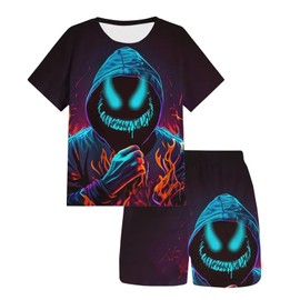 Momkonzz Boys Summer Clothes Set Kids Tie Dye Smiley Face Shirts + Tween Boy Shorts Outfit Size 7-12T (Black, 8-9T)