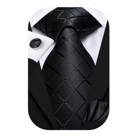 Hi-Tie Men's Solid Colour Tie Handkerchief Wedding Party Classic Tie & Pocket Square Set Multiple, Black plaid