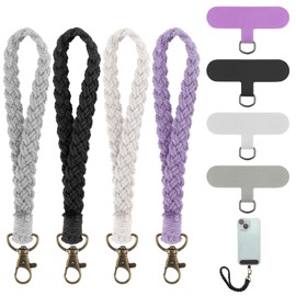 Tucnoeu 4pcs Boho Macrame Phone Wrist Strap Phone Wristlet with 4pcs Tether Tabs Handmade Wrist Strap Lanyard,Women Men Wrist Lanyard for Keys