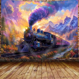 Steam Train Tapestry, Old Engine Train Scenery Tapestries Kids Decor, Rainbow Cloud Sky Forest Mountain Watercolor Art Wall Tapestries Hanging for Bedroom Living Room Dorm Beach Blanket, 71X60