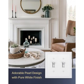 ZILLSEA Decorative Sunken Pearls Light Switch Covers, 2-Pack Pure White Double Toggle Wall Plates, Durable Metal Switch Plate Covers, 2 Gang, 4.96''*4.88'', Midsize