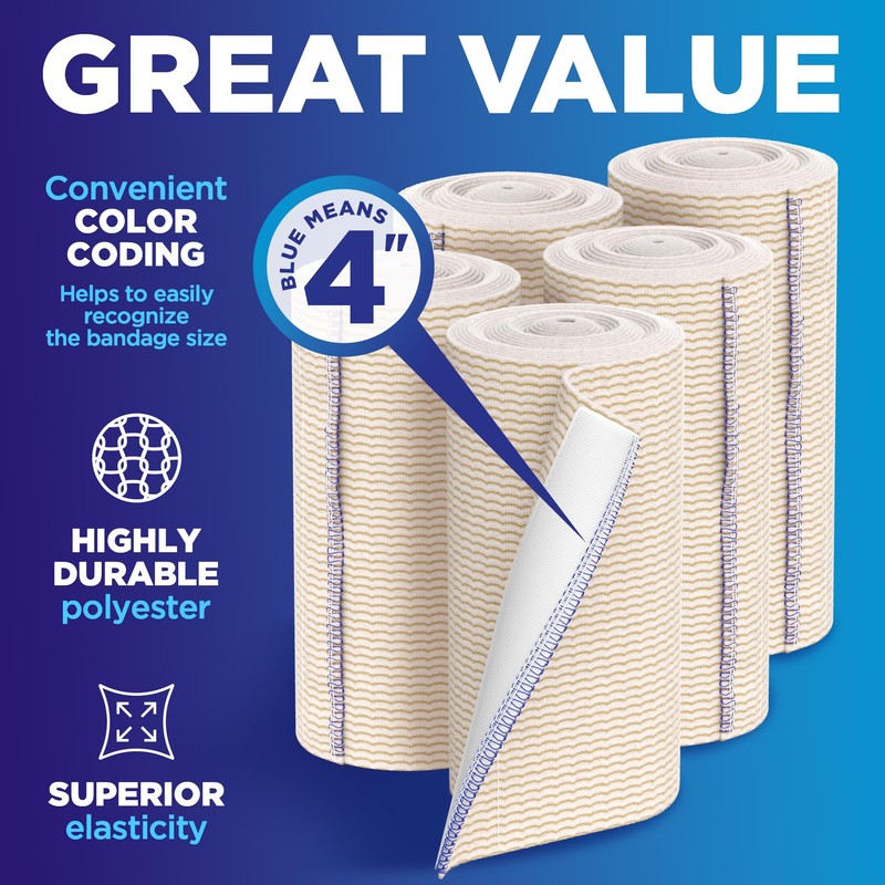 Premium Elastic Bandage Wrap - 4” (5pk) - Strong Compression