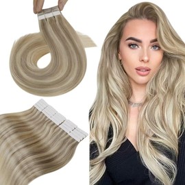 Hetto Tape in Hair Extensions #17/23 Dirty Blonde Highlight Ash Blonde Tape in Hair Extensions Human Hair Invisible Tape ins Human Hair Extensions 22 Inch 50g 20pcs