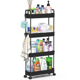 SOLEJAZZ Slim Rolling Storage Cart with Wheels 4 Tier Skinny Bathroom Storage Organizer Narrow Shelf Unit Thin Laundry Room Utility Cart for Bedside Kitchen Office Next to Fridge Small Places, Black
