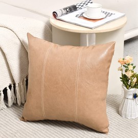 Fancy Homi Tan Decorative Throw Pillow Covers 18x18 Inch for Outdoor Couch Bed, Waterproof Faux Leather Hand Stitched Beige Square Cushion Case 45x45 cm, Modern Farmhouse Boho Home Decor