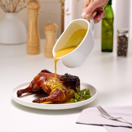 Salsera Kook, fuente de cerámica para servir, dispensador de salsas, aderezos y crema, mango grande, apta para microondas y lavavajillas, 14 oz, color blanco