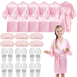 18 Pcs Spa Robes for Girls, Spa Party Supplies with Kid Slippers Girls 6 Blindfold Eye Mask Cover (CA/US, Numeric, 12, Regular, Pink)