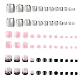 72PCS (3 Pack) Press on Toenails Square Short Full Cover Fake Toenails with Flower Designs French Tips Toe Nails for Women Glossy Toe Nail Tips Glue on ToeNails