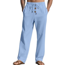 QOSOQ Men's Casual Linen Pants Drawstring Waist Button Lightweight Trousers Vacation Beach Pants with Pockets Blue