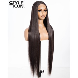 Style Icon Super Long Straight Lace Front Wig for Women 38 Inch Dark Brown Long Straight Hair T Part Wig Pre Plucked with Baby Hair Synthetic Heat Resistant Fiber (F5/6A)