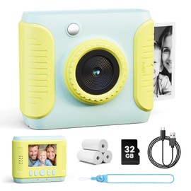 CalineGam Children's Camera Instant Camera 1080P HD Instant Camera Children with 32GB Card, 2.0 Inch Digital Camera Children, Children's Toy Gifts for Boys and Girls 3-12 Years (Green)